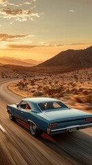 Obraz premium Classic Blue Muscle Car Cruising Through a Desert Landscape at Sunset With Mountains in the Background and a Winding Road Ahead During Golden Hour