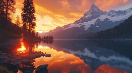 Sunrise view on Bernese range above Bachalpsee lake. Peaks Eiger, Jungfrau, Faulhorn in famous location in Switzerland alps, Grindelwald valley