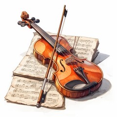 Fototapeta premium A violin resting on sheet music with a bow beside it.
