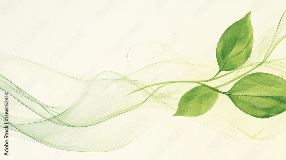 Poster delicate green leaves intertwine with soft flowing lines against a light background, creating a sere