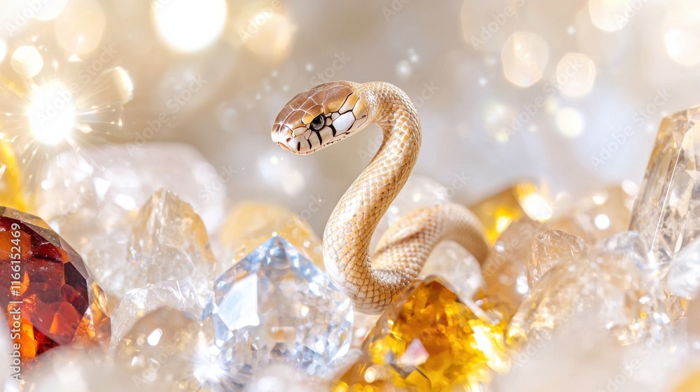 Poster graceful snake weaving through glittering gems in a luminous environment close-up for wildlife enthu