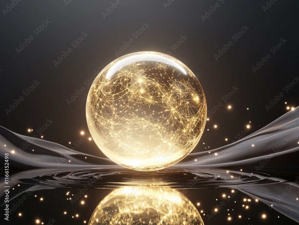 Aufkleber abstract glowing orb with golden fractal studio setting digital art modern environment close-up view