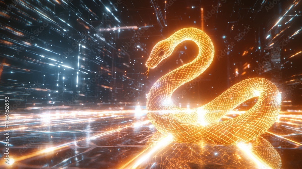 Poster stylized snake zodiac representation digital transformation space graphic art futuristic environment