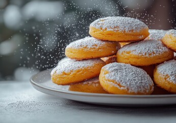 Delicious Round Cookies with Powdered Sugar Topping on a Plate Surrounded by a Soft Blurred Background Capturing a Cozy and Inviting Atmosphere in Winter
