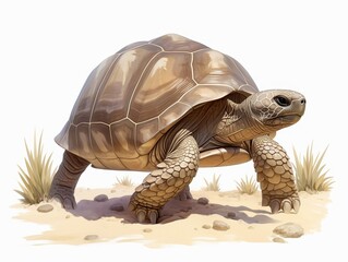 Obraz premium A detailed illustration of a tortoise walking on sandy ground.
