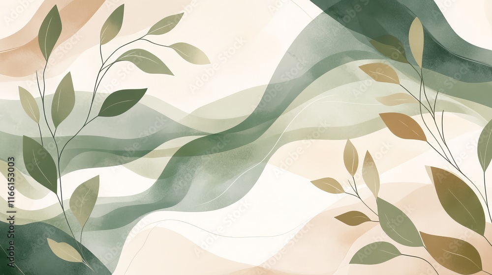 Aufkleber decorative abstract background featuring gentle waves and green foliage patterns in muted earthy ton
