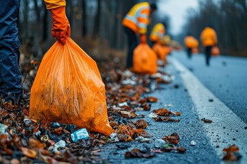 Community members clean up roadside litter during autumn cleanup event on a rainy day