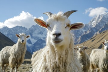 Obraz premium Mountain Goats Grazing in a Scenic Valley With Snow-Capped Peaks in the Background During a Clear Sunny Day