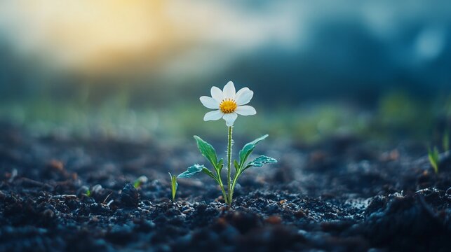 Single white flower blooming in dark soil at sunrise.