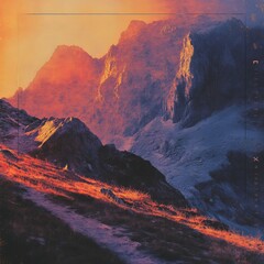 Naklejka premium Vibrant Sunset Casts Warm Hues Over Jagged Mountain Peaks and Winding Pathways in a Tranquil Wilderness Landscape