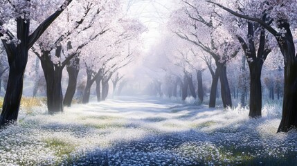 Fototapeta premium Blooming Cherry Blossom Trees Create a Serene Path in a Dreamy Landscape Filled With Soft White Flowers Under a Gentle Light in Springtime