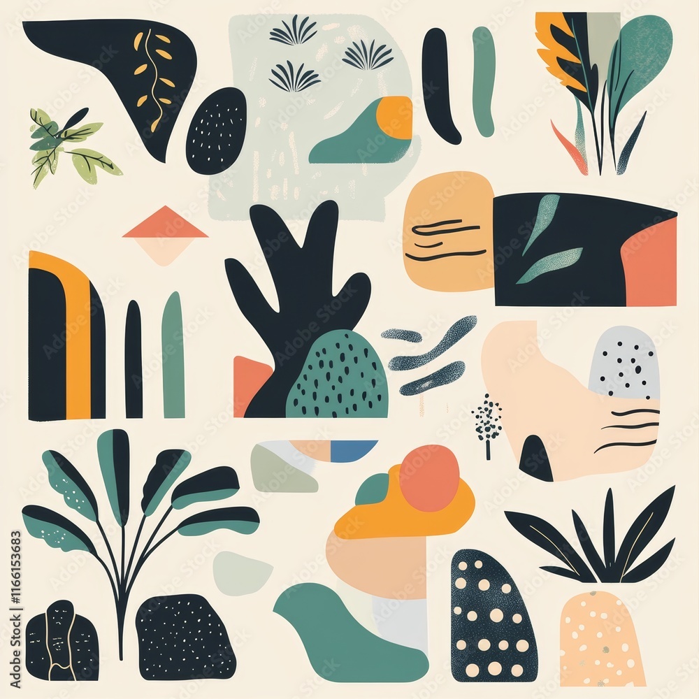 Poster colorful abstract shapes and patterns arranged in a modern design create a lively and artistic atmos