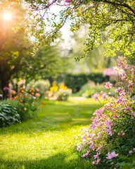 Gordijnen Colorful Flowers Bloom in a Serene Garden Under Soft Sunlight During a Peaceful Afternoon in Early Summer © Monty
