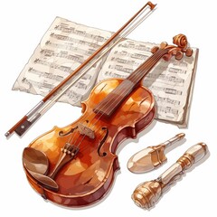 Fototapeta premium A violin with sheet music and musical instruments arranged artistically.