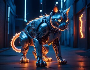 fiery robot cat, with a body made of futuristic alloy, flames dancing around its paws, realistic fur texture.