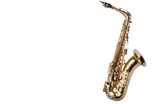 Elegant gold saxophone resting on a music stand