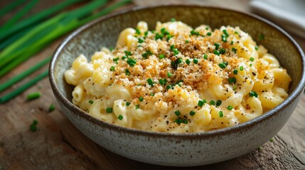 A vibrant bowl of creamy mac and cheese with a crunchy breadcrumb topping, garnished with freshly cracked black pepper and chopped chives, served in a rustic bowl on a wooden table.