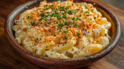 A vibrant bowl of creamy mac and cheese with a crunchy breadcrumb topping, garnished with freshly cracked black pepper and chopped chives, served in a rustic bowl on a wooden table.