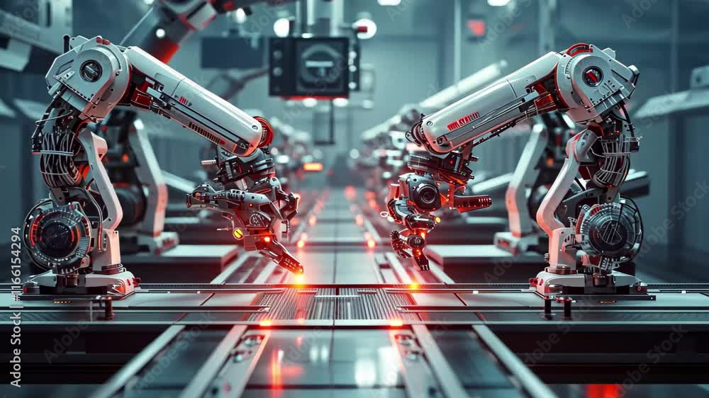 Aufkleber High tech robotic arms work seamlessly on an automated factory assembly line in a futuristic environment during daylight hours