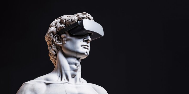 Marble statue of David wearing VR headset. Ancient sculpture meets modern tech. Digital innovation juxtaposes classical art. Timeless figure interacts with futuristic device. Piece captures evolution