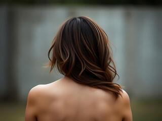 back view of a woman with her hair placed on her right shoulder