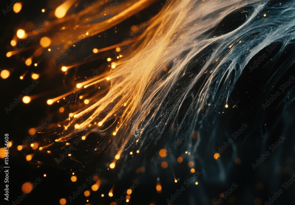 Poster dynamic abstract composition with glowing particles and flowing textures in dark background, highlig