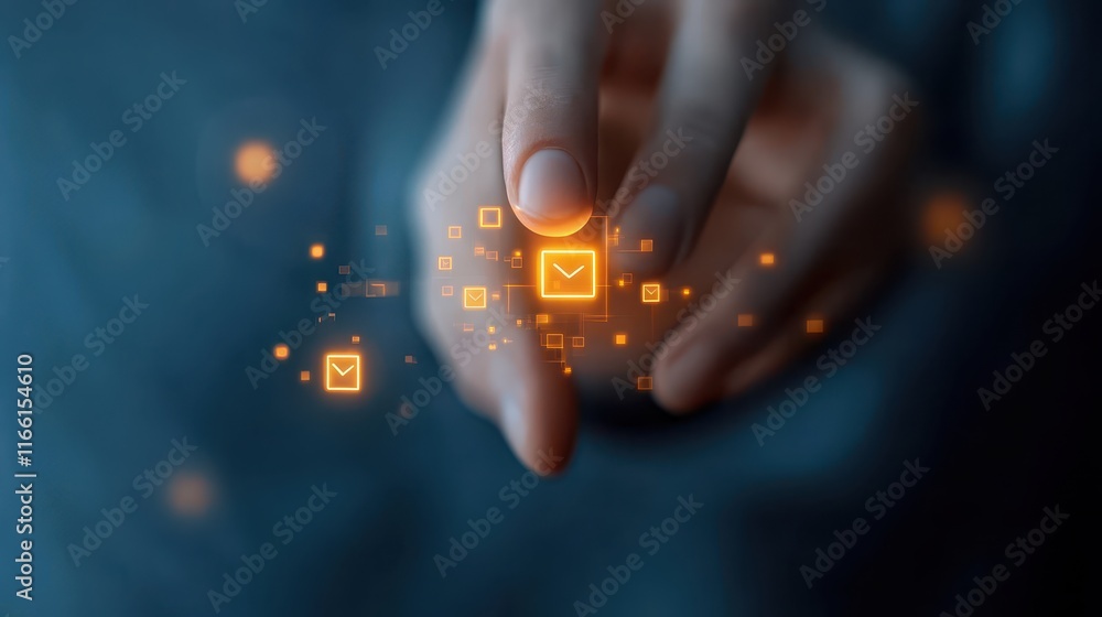 Poster interactive touchscreen technology, finger activating button on modern display hand