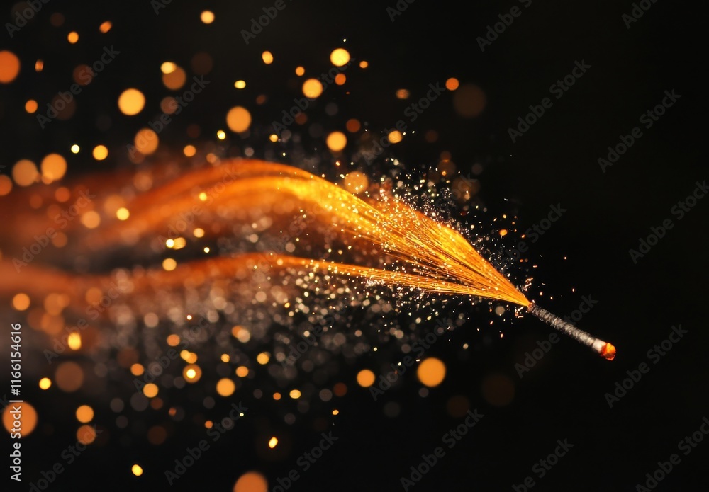 Poster dynamic close-up of a vibrant sparkling matchstick creating a wave of orange sparks and glitter agai