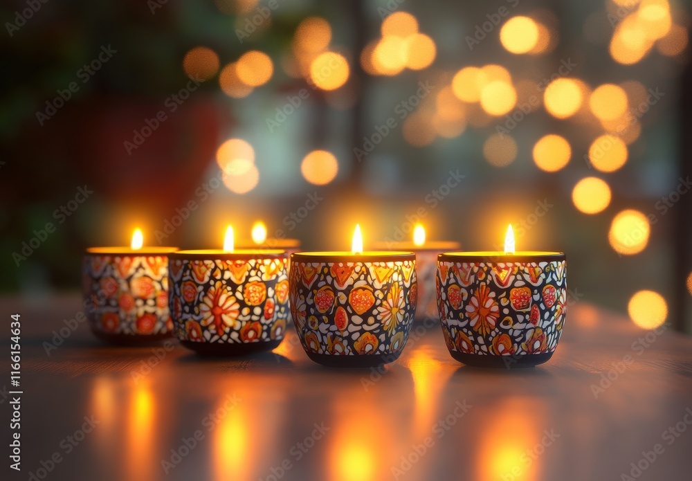 Poster elegant and colorful candles with warm glow creating a cozy atmosphere and soft bokeh background in 
