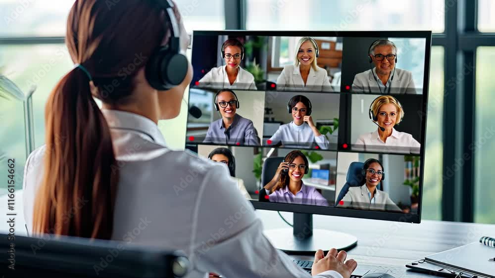 Fototapete engaging virtual meeting with diverse participants discussing collaborative projects and insights