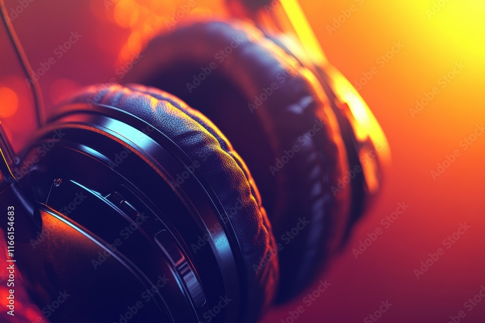 Poster Close up view of detailed headphones highlighting design and texture in vibrant light. Generative AI