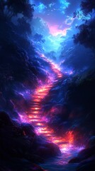 Obraz premium Stairway Illuminated by Vibrant Colors in a Mystical Forest at Dusk, Creating an Enchanting Pathway Through Nature's Beauty