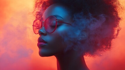 Stylish woman in orange glasses surrounded by smoke
