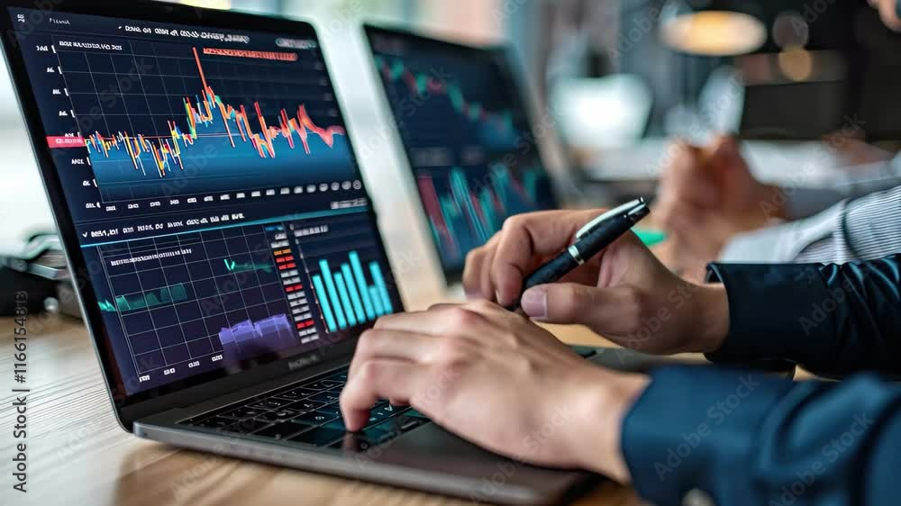 Poster market analysis showcasing trading graphs with hands typing on laptop in a modern workspace