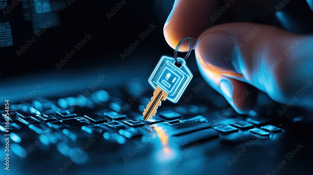 Poster enhancing online security, person typing on laptop with security key for secure access and data prot