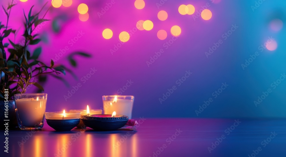 Poster elegant and tranquil setup with candles and plant against a softly lit background of bokeh lights fo