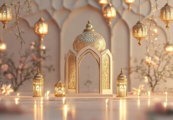 Obraz premium Elegant and Serene Indoor Scene with Intricate Lanterns, Decorative Structure, Soft Light, and Floral Accents Creating a Warm Atmosphere for Relaxation or Celebration