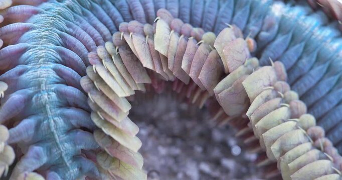 Epitoky form worm Polychaeta Nereis virens under microscope, family Nereididae. Modified enlarged parapodia and developed paddle-like setae to improve swimming ability. White Sea