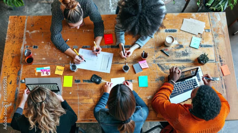 Aufkleber group collaboration at a stylish workspace with diverse individuals engaged in a brainstorming sessi