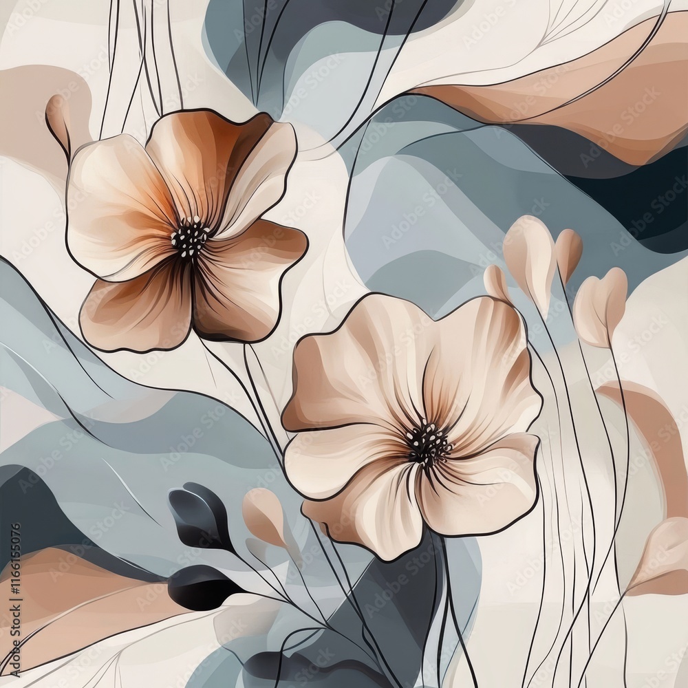 Poster elegant floral design featuring beige and blue tones with abstract waves and delicate linework in a 