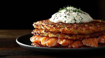 Potato pancakes with smoked salmon and sour cream. (1)