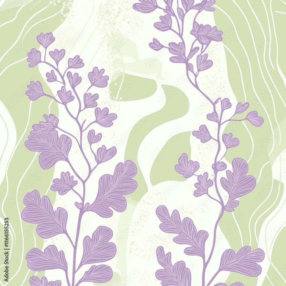 Aufkleber elegant botanical pattern featuring lavender foliage on a soft green background with flowing abstrac