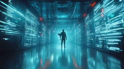 Fototapeta premium Man navigating darkened server room, visual journey through technological infrastructure