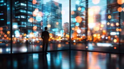 Silhouette of person by large window, contemplative moment in an urban setting