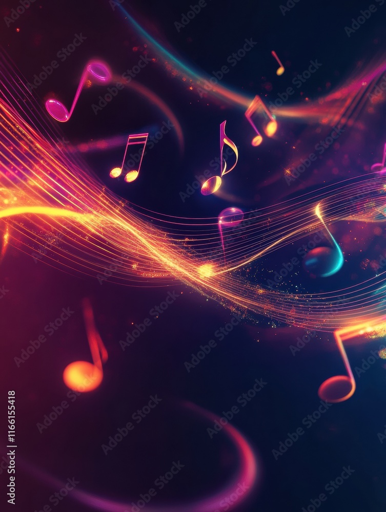 Aufkleber Glowing neon musical staff lines flow through the air, creating vibrant waves of color and sound in a mesmerizing display. Generative AI