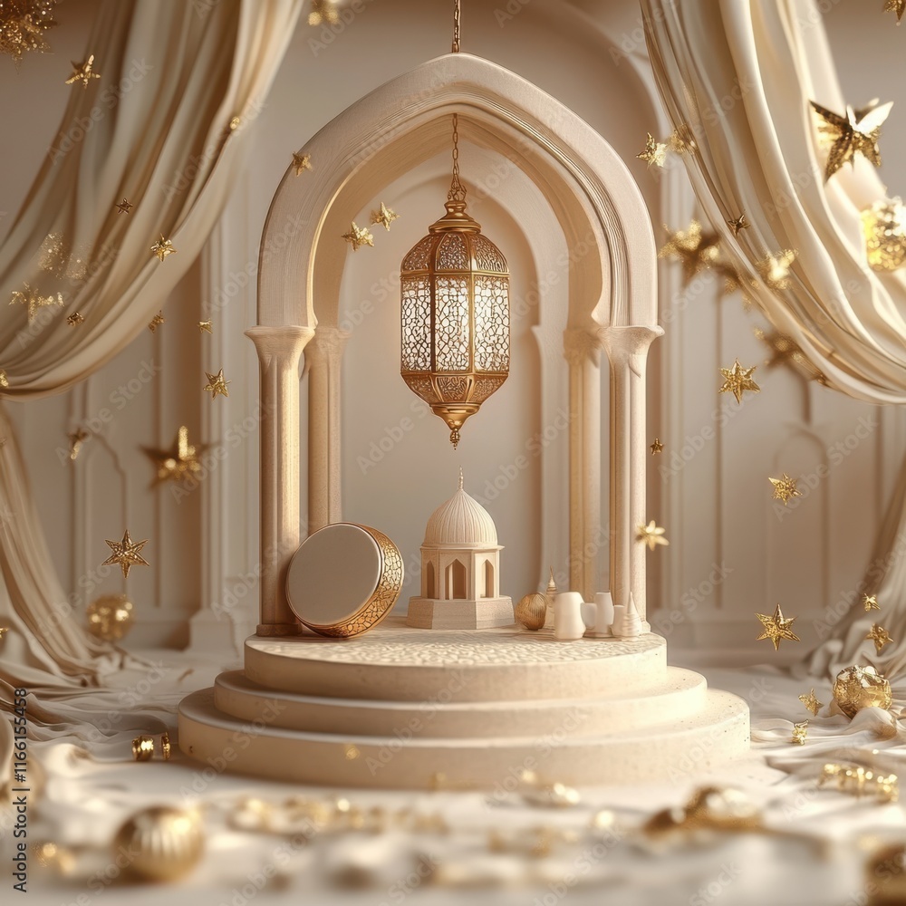 Aufkleber Elegant Arrangement of Lantern and Decorative Elements in a Mystical Setting with Intricate Patterns and Soft Drapery for Magical Atmosphere