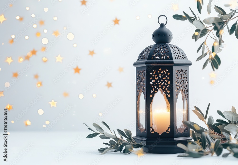 Poster elegant black lantern with intricate patterns surrounded by greenery and soft golden bokeh lights on