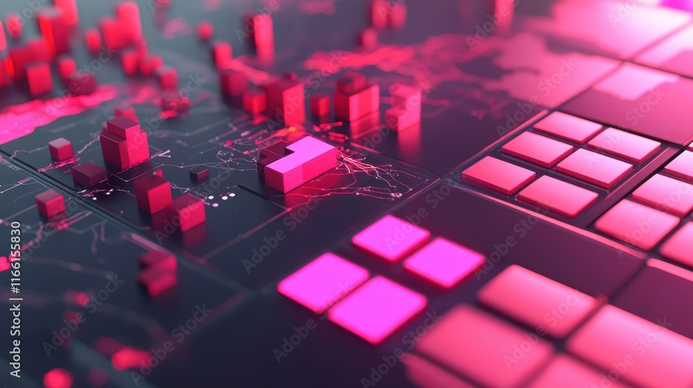 Poster intricate computer circuit board with red square components, closeup examination of electronic hardw