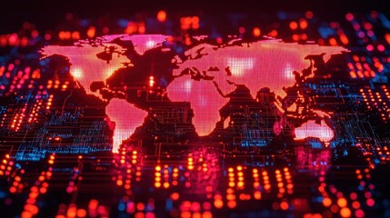 Red world map over circuit board, digital world concept.