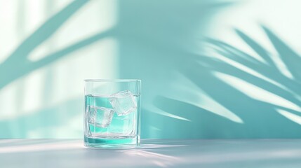 Crystal clear glass of water with green leaf, promoting hydration and natural wellness